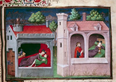 Galante scène: twee koppels praten. Pagina van een manuscript in het Frans van de 