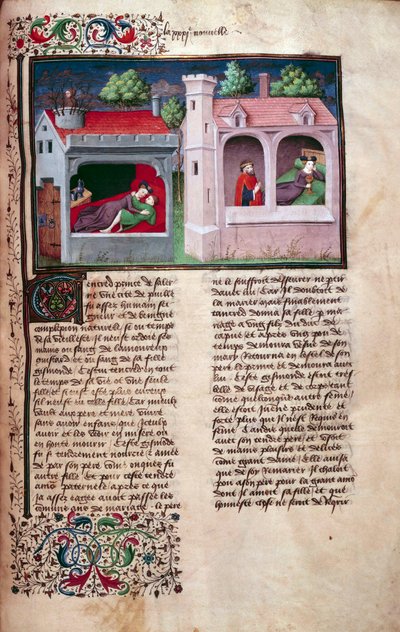 Galante scène: twee koppels in gesprek. Pagina uit een Frans manuscript van de 