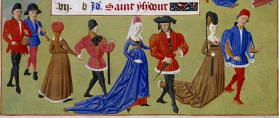 Mei: de hovelingen wandelen. Detail van een verluchte manuscriptpagina uit het 