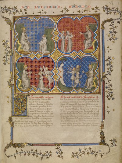 Salomo onderwijst Rehoboam; Het oordeel van Salomo; Salomo test de legitimiteit van drie broers door Master of Jean de Mandeville