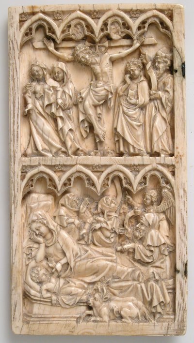 Blad van een Diptiek met de Kruisiging en Geboorte, Duits, ca. 1375-1400 door Master of Kremsmunster