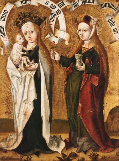 De Maagd en het Kind met Sint Maria Magdalena die het Kind een roos aanbiedt door Master of Liesborn