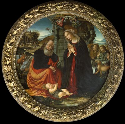 De Geboorte, met Maria en Jozef op weg naar Bethlehem, de Aankondiging aan de Herders en de Aankomst van de Herders door Master of Marradi