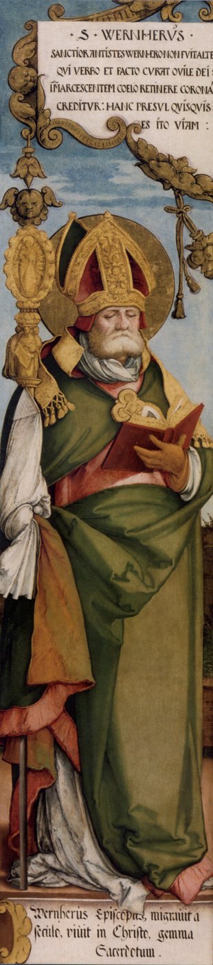 Buitenkant van de linker draaivleugel van het voormalige hoogaltaar van de St. Martinskerk, Hl. Werner, bisschop van Merseburg; Maastricht, Bonnefantenmuseum, Inv.Nr. N.K. 1633 door Master of Messkirch