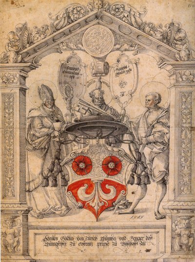 Duits: Schijfsnijwerk van Hercules Göldlin met de heiligen Conrad, Pelagius en Petrus door Master of Messkirch