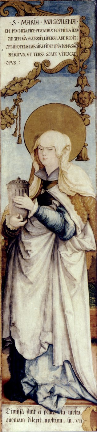 Echte vleugel buitenzijde van het voormalige hoogaltaar van de St. Martinskerk, Hl. Maria Magdalena; Staatsgalerie Stuttgart, vroeger Donaueschingen, Fürstenbergsammlungen Inv.Nrn. 73-75 door Master of Messkirch