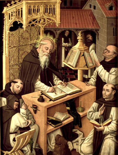 Sint-Hieronymus in het scriptorium, ca. 1485 door Master of Monasterio de Santa María