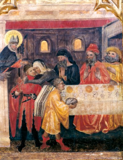 Altaarstuk van Sint Nicolaas, Sint Clara en Sint Antonius. Detail. Scène uit het leven van Sint Nicolaas door Master of Obispo Galiana