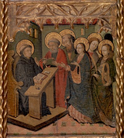 De Maagd Maria en Heiligen Petrus, Paulus, Johannes de Evangelist en Catharina van Alexandrië Verschijnen aan Sint Martinus door Master of Riglos
