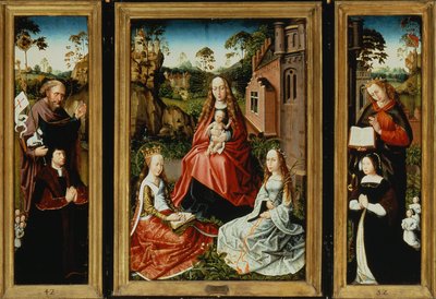 Madonna en Kind met Heiligen en Schenkers door Master of Saint Anna
