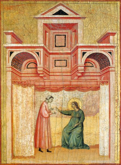 Cecilia overtuigt haar man Valeriaan tot de doop, detail (altaarstuk met de Legende van Sint Cecilia, ca. 1304, door Meester van Sint Cecilia, tempera op paneel en bladgoud, 85x181 cm) door Master of Saint Cecilia