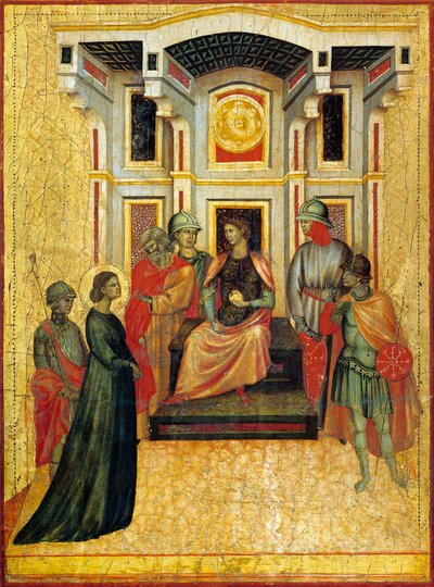 Heilige Cecilia die geloofszaken bespreekt met prefect (detail) door Master of Saint Cecilia