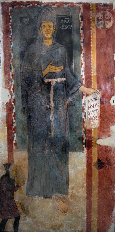 Voorstelling van Sint Franciscus van Assisi (1181-1226). Dit is waarschijnlijk de eerste voorstelling van de heilige uitgevoerd terwijl hij nog leefde, zonder stigma en zonder aureool. Hij houdt een papier vast waarop in het Latijn staat geschreven: Pax hu door Master of Saint Francis of Assisi
