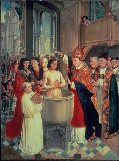 De doop van Clovis I, in Reims door Saint Remi op 25/12/496 (of 499) door Master of Saint Giles