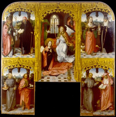 De annunciatie met Sint Lazarus en Antonius Abt, Catharina van Alexandrië en Chiara, Antonius van Padua en Johannes de Doper, Franciscus en Hiëronymus door Master of Saint John the Evanglist