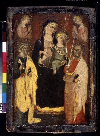 De Madonna en Kind omringd door Sint-Pieter en Sint-Paulus door Master of San Jacopo a Mucciana