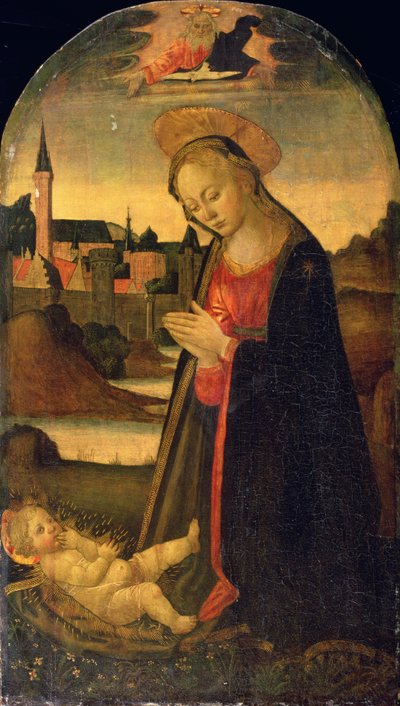 De Madonna aanbidt het kind, een stad aan een rivier op de achtergrond, ca. 1478 door Master of San Miniato