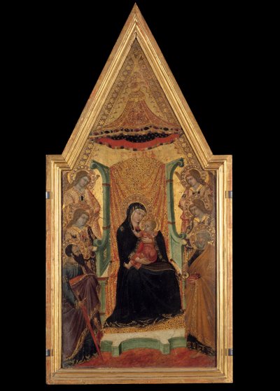 De Maagd in majesteit tussen Sint Paulus, Sint Petrus en vier engelen door Master of Santa Maria di Castello