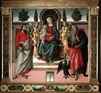 Maagd met kind met Sint Jan en Sint Bartholomeus door Master of Santo Spirito