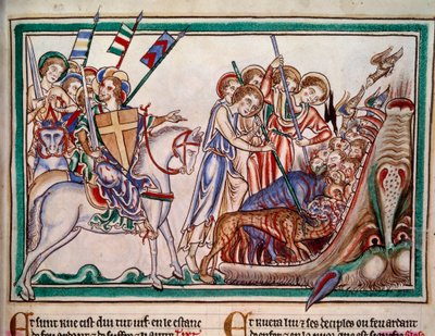 De Heer en Zijn Leger werpen het Beest en Zijn aanbidders in de Hel. Miniatuur uit manuscript 