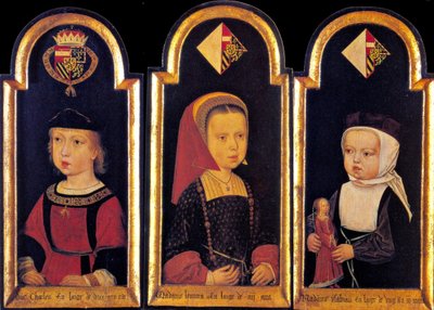 Aartshertog Karel, de latere Heilige Roomse Keizer Karel V., met zijn zussen Eleonora en Isabella op de leeftijd van 2 jaar door Master of St.Georgsgilde