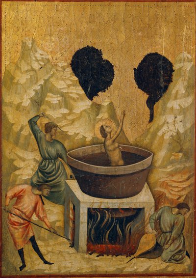 Het martelaarschap van St. Cecilia, ondergedompeld in een bad van kokend water (tempera op hout, laat 13e - begin 14e eeuw) door Master of St. Cecilia