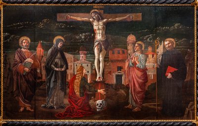 Gekruisigde Christus tussen St. Peter, de Maagd, Maria Magdalena, St. Johannes de apostel en St. Benedictus door Master of St. Peter in Vicenza
