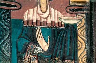 De Maagd. Detail. Fresco van de Meester van Saint Clement de Taull. Ca. 1123. Van de apsis van de kerk van Saint Clement de Taull (Sant Climent in Taull). Nationaal Museum voor Kunst van Catalonië, Barcelona. door Master of Tahull