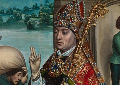 Het wonder van het graan, uit het altaarstuk van St. Nicolaas, ca. 1486-93 (detail) door Master of The Legend of St. Lucy