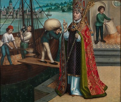 Het wonder van het graan, uit het altaarstuk van St. Nicolaas, ca. 1486-93 door Master of The Legend of St. Lucy