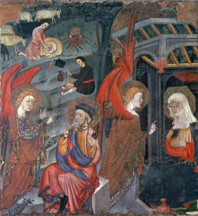 De Annunciatie met herders die kaas maken op de achtergrond, van een altaarstuk gewijd aan de Maagd, uit Tora, Segarra, Lleida door Master of Tora