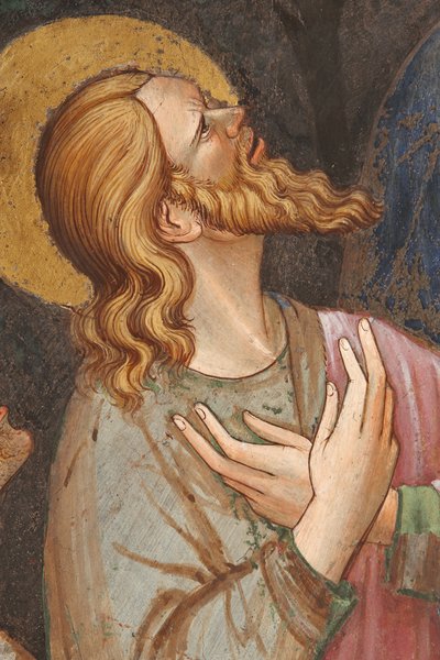 "Hemelvaart van de Maagd" en "de Maagd Maria laat de gordel of Heilige Riem vallen naar St. Thomas", detail van een apostel, ca. 1420 (fresco) door Master of Vignola
