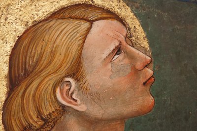 "Pinksteren", detail met een biddende heilige, ca. 1420 (fresco) door Master of Vignola