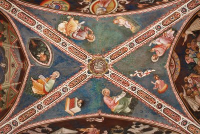 Uitzicht op het gewelf met fresco die de vier evangelisten, de drie-eenheid met drie gezichten en de levensboom, het mystieke lam, het zegenende kindje Jezus in de kribbe en de verrezen Christus voorstelt, de Contrari-kapel, Vignola-vesting, ca. 1420 door Master of Vignola