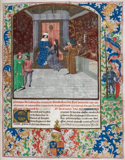 Edward IV op de troon, dragend de orde van het Gulden Vlies, ontvangt het boek van Jean Wavrin, uit 