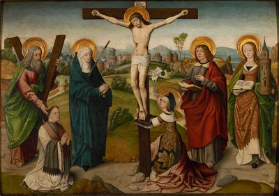 De Kruisiging met Heiligen en Schenkers, ca. 1490-1495 door Master of the Aachen Cabinet Doors