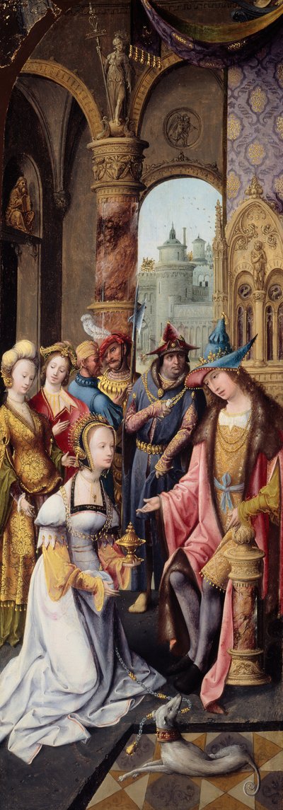 Koning Salomo ontvangt de koningin van Sheba door Master of the Antwerp Adoration