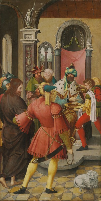 De vleugel van een altaarstuk: Christus voor Pilatus door Master of the Antwerp Adoration