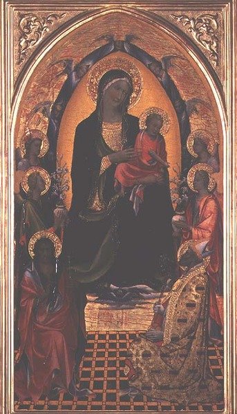 Madonna en kind met St. Johannes de Doper en St. Nicolaas van Myra door Master of the Bambino Vispo