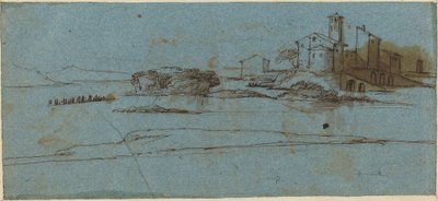 Gebouwen aan een Rivieroever [verso] door Master of the Blue Landscapes