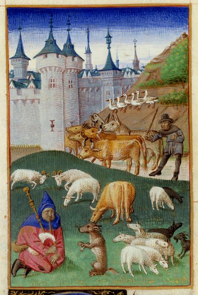Boerderijdieren en doedelzakspelers door Master of the Boccace of Geneva