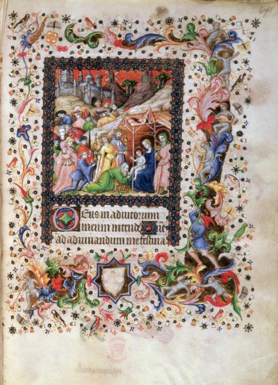 Aanbidding van het Kind, uit een Urenboek door Master of the Brussels Initials