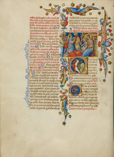 De aanbidding van de Wijzen; initiaal E: Zwaarddragers door Master of the Brussels Initials