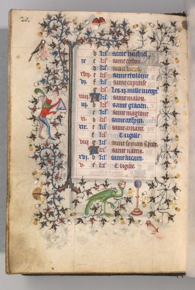 Getijdenboek van Karel de Edele, Koning van Navarra 1361-1425: fol. 10v, Oktober, ca. 1405 door Master of the Brussels Initials and Associates