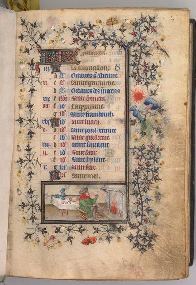Getijdenboek van Karel de Edele, Koning van Navarra 1361-1425: fol. 1r, Januari, ca. 1405 door Master of the Brussels Initials and Associates