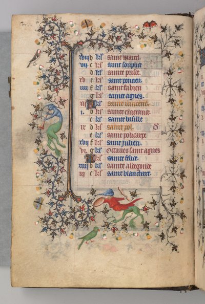 Getijdenboek van Karel de Edele, Koning van Navarra: fol. 1v, Januari door Master of the Brussels Initials and Associates