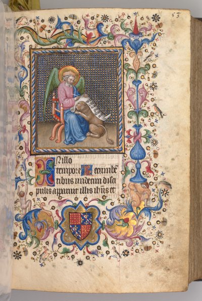 Getijdenboek van Karel de Edele, Koning van Navarra 1361-1425: fol. 27r, Sint Marcus, ca. 1405 door Master of the Brussels Initials and Associates