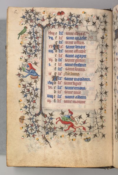 Getijdenboek van Karel de Edele, Koning van Navarra 1361-1425: fol. 3v, Maart, ca. 1405 door Master of the Brussels Initials and Associates