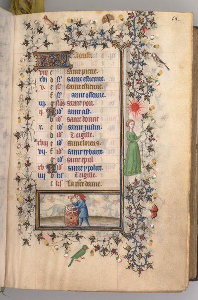 Getijdenboek van Karel de Edele, Koning van Navarra 1361-1425: fol. 8r, Augustus door Master of the Brussels Initials and Associates
