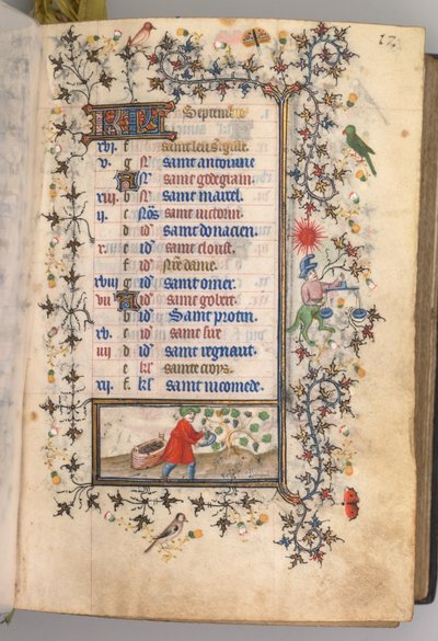 Getijdenboek van Karel de Edele, koning van Navarra: fol. 9r, september door Master of the Brussels Initials and Associates